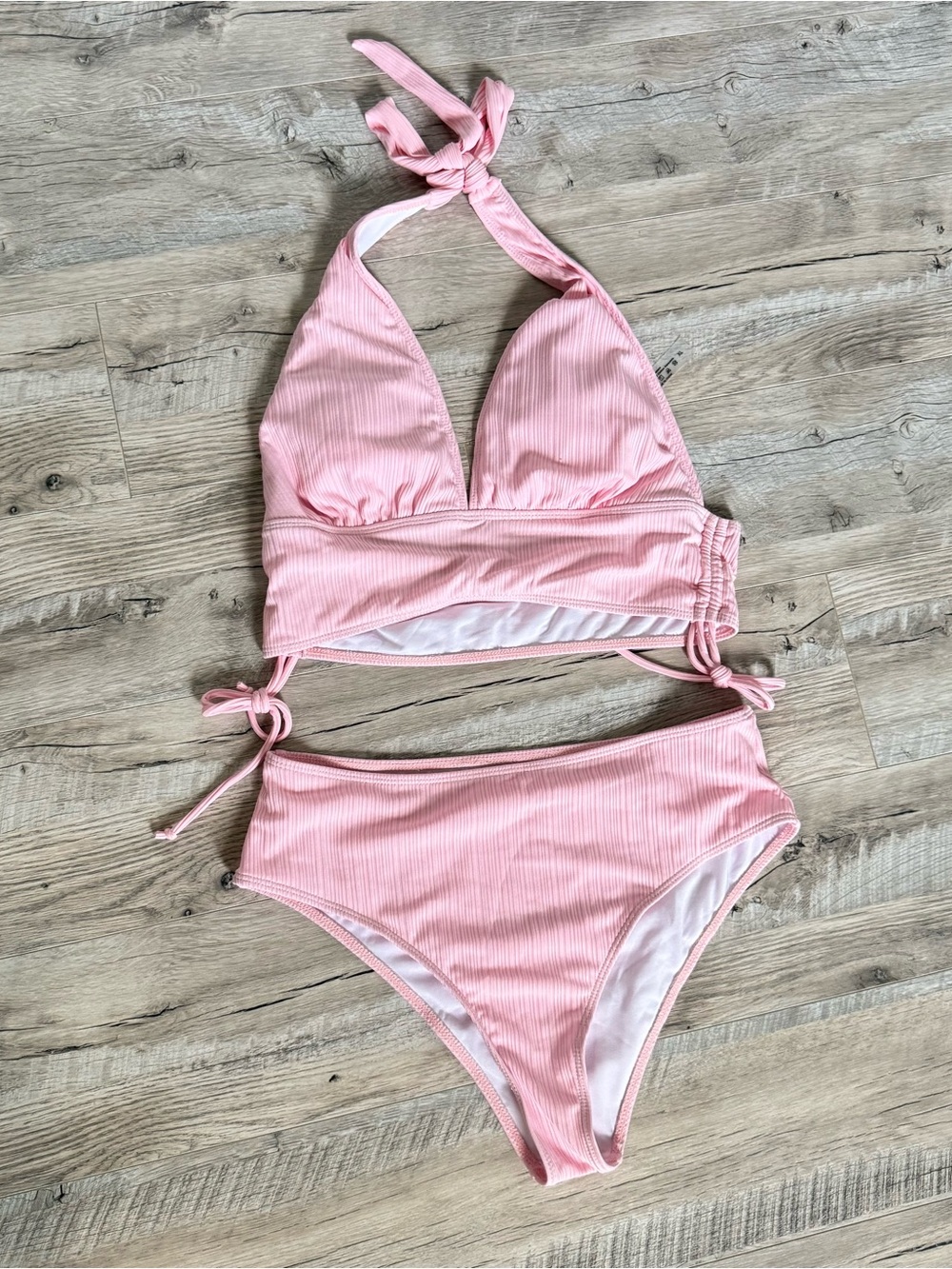Women’s Pink Ribbed Two-Piece One-Piece Style Swimsuit
